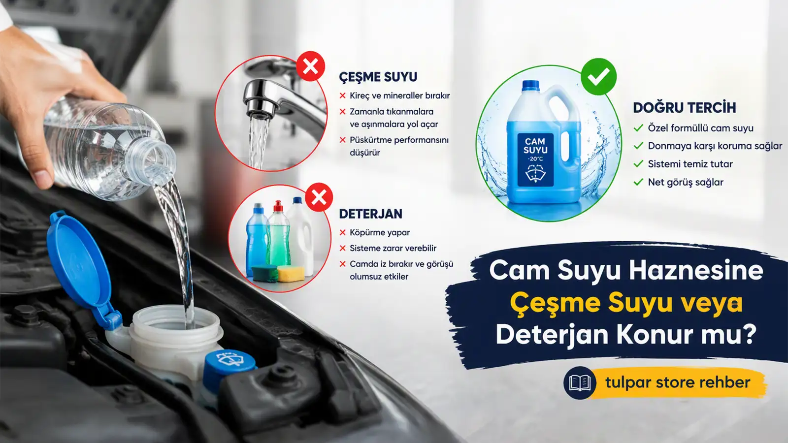 Otomobilin cam suyu haznesine çeşme suyu veya deterjan konur mu detaylı bilgilendirici rehber