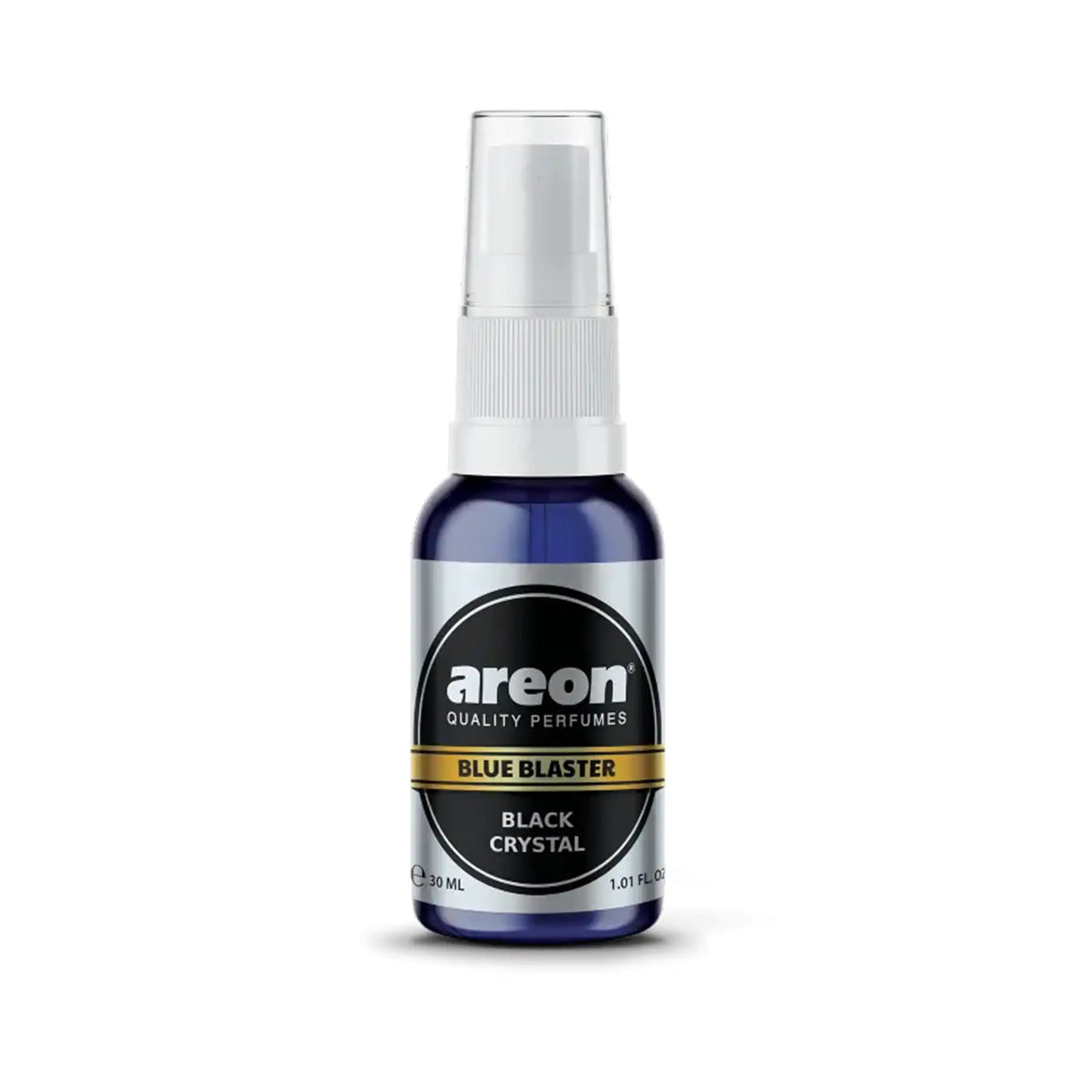 Areon Blue Blaster Black Crystal 30 ml sprey araç ve ortam kokusu, mavi şişesi ve beyaz püskürtme başlığıyla
