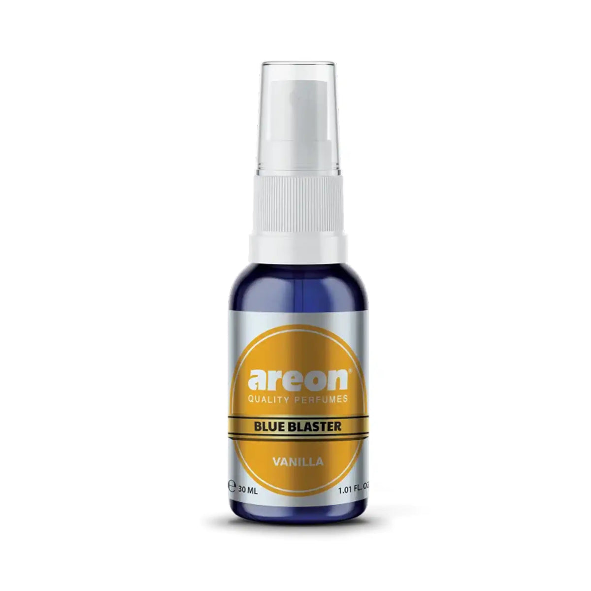 Areon Blue Blaster Vanilla 30 ml vanilya kokulu sprey araç ve ortam kokusu, mavi şişesiyle