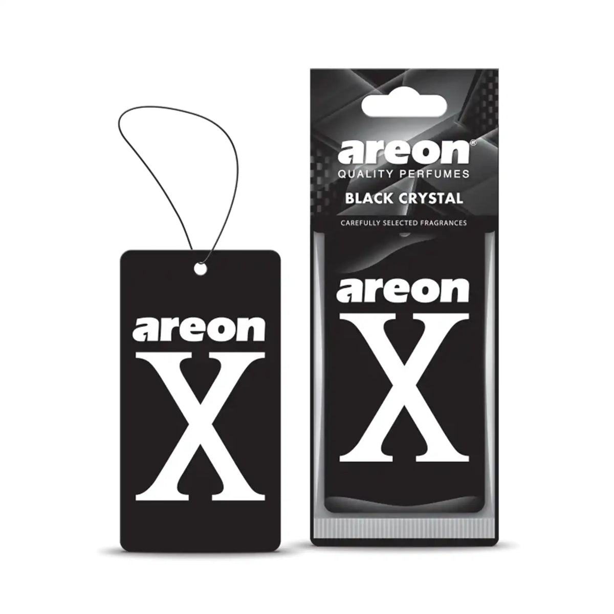 Areon X Black Crystal kağıt asma oto araç kokusu, siyah kart tasarımı ve orijinal ambalajıyla