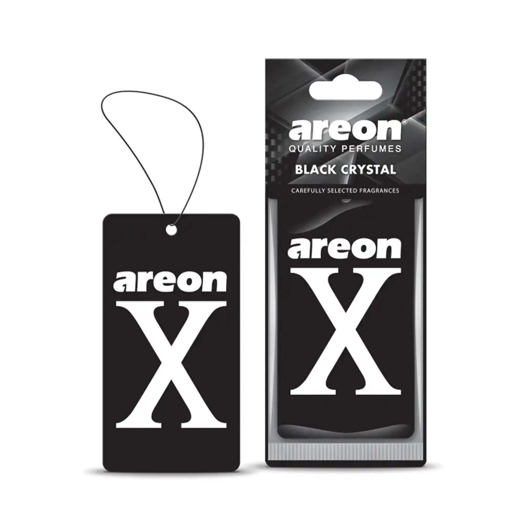 Areon X Black Crystal kağıt asma oto araç kokusu, siyah kart tasarımı ve orijinal ambalajıyla
