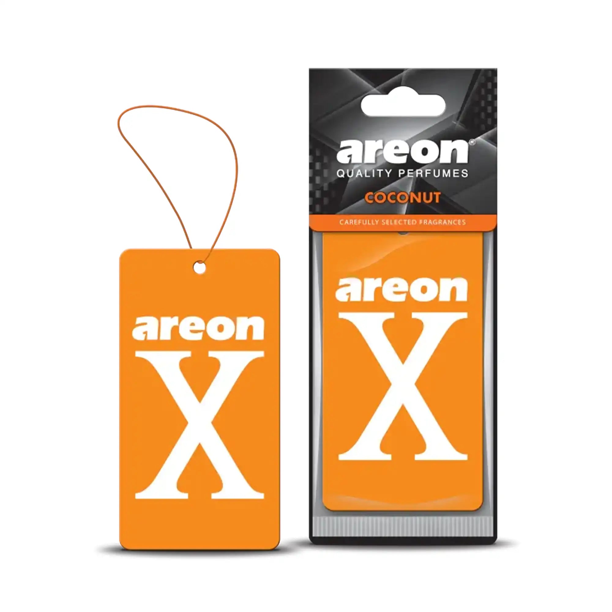Areon X Coconut Hindistan cevizi kokulu kağıt asma oto kokusu, turuncu kartı ve ambalajıyla