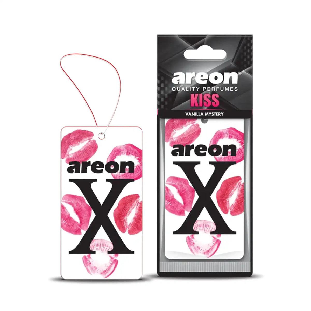 Areon X Kiss Vanilla Mystery öpücüklü Areon asma araç kokusu, dudak desenli kartı ve ambalajıyla