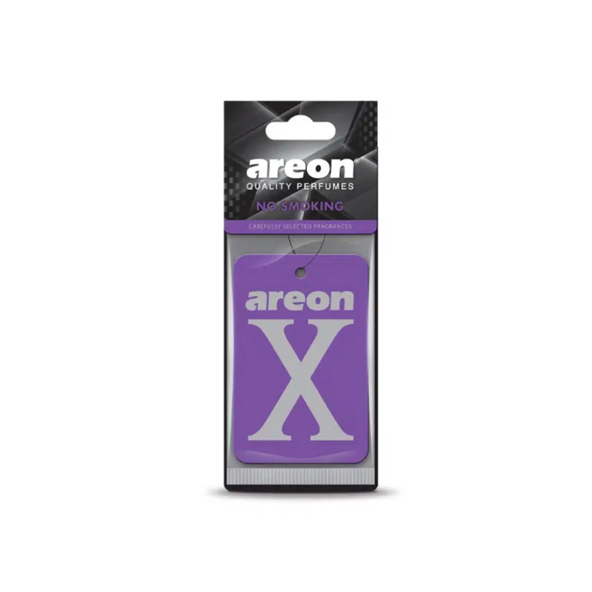 Areon X No Smoking kağıt asma araç kokusu, mor renkli kart tasarımı ve orijinal ambalajıyla