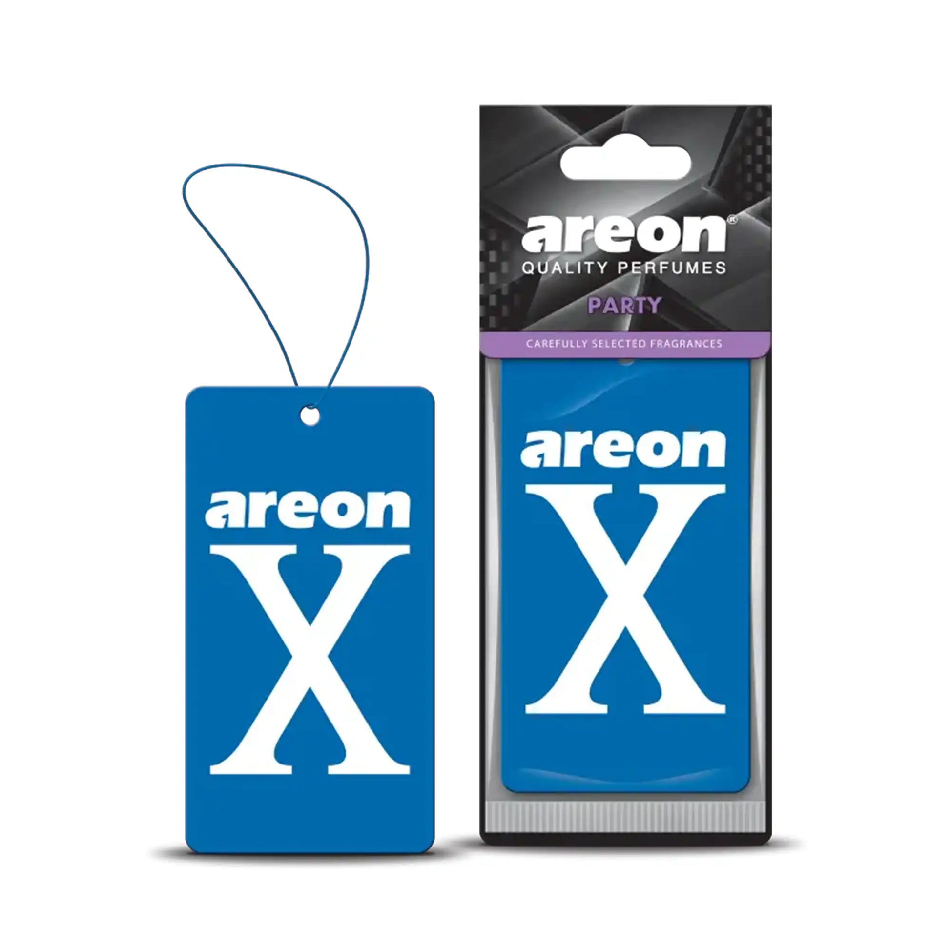 Areon X Party aromatik kağıt asma oto araç kokusu, mavi kart tasarımı ve orijinal ambalajıyla