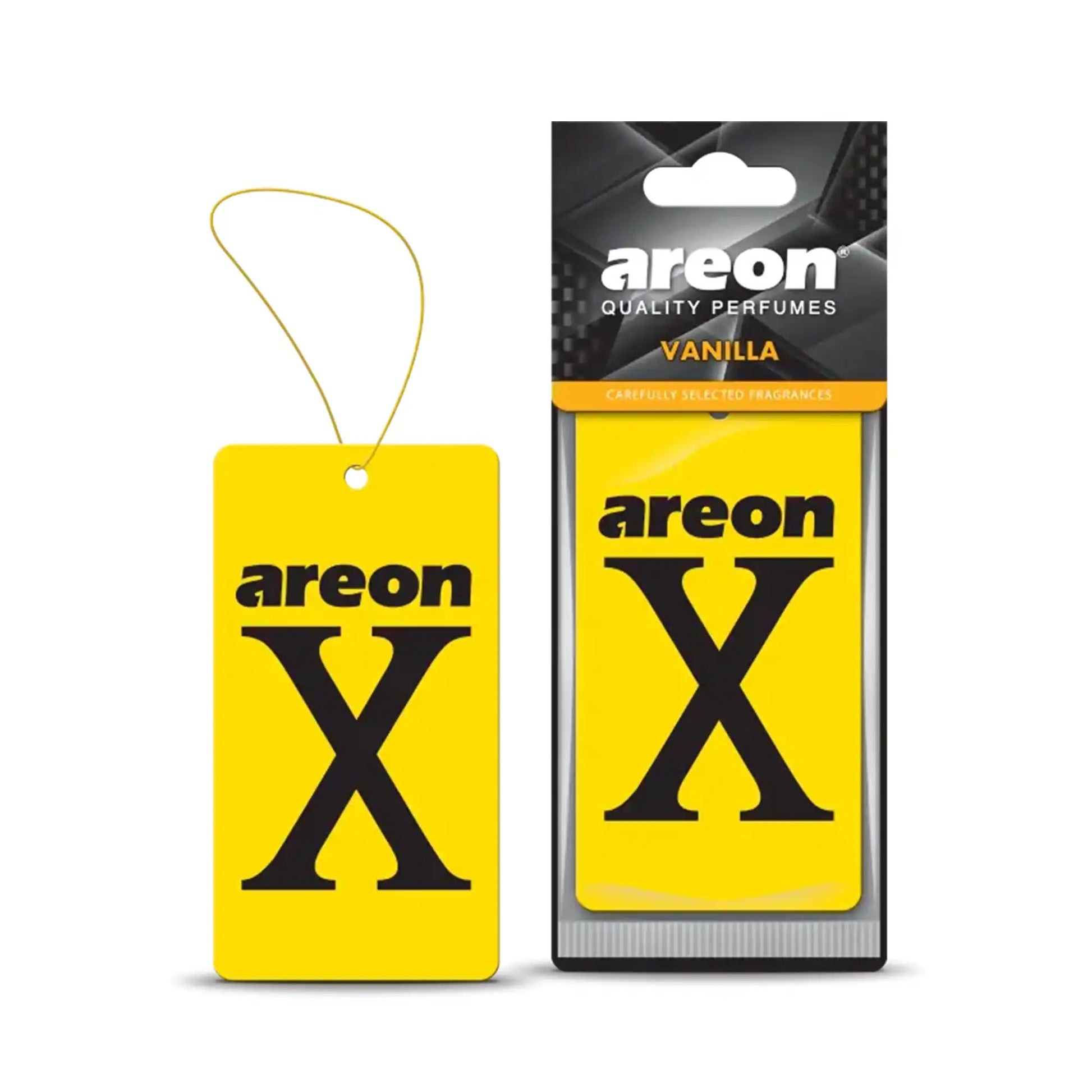 Areon X Vanilla vanilya kokulu kağıt asma oto araç kokusu, sarı kart tasarımı ve orijinal ambalajıyla