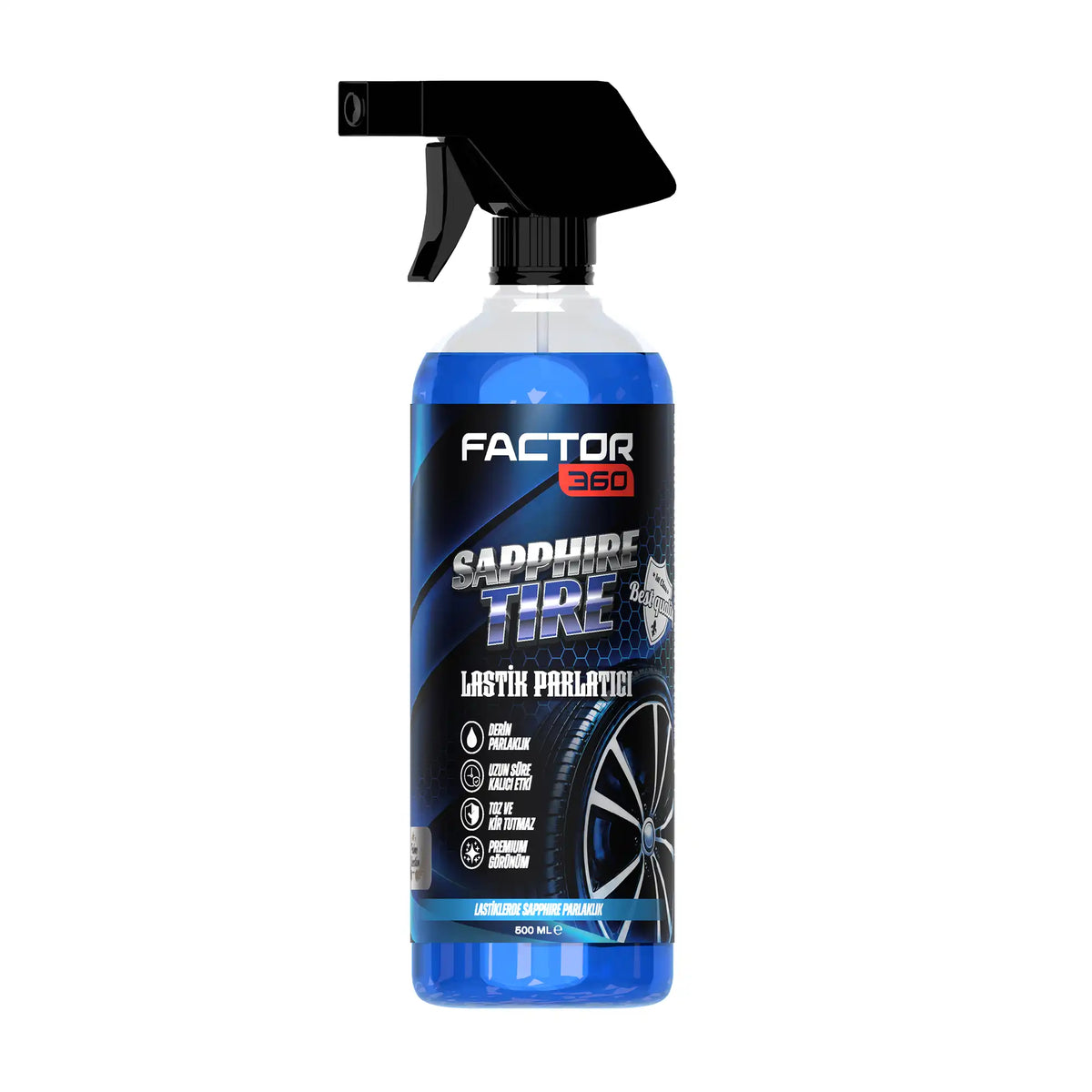 Factor360 sapphire yeni nesil lastik parlatıcı sprey görseli 500 ml 