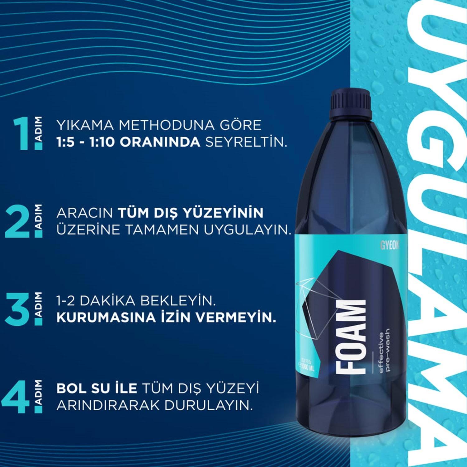 GYEON Q²M Foam Araç Ön Yıkama Şampuanı Konsantre - 1000 ml - Yoğun Köpüklü Prewash Snow Foam uygulama bilgileri