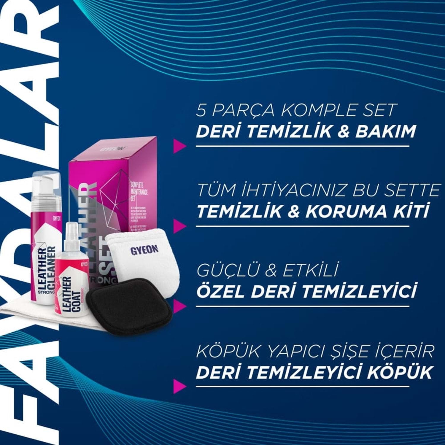 GYEON Q²M LeatherSet Strong 5 Parça oto deri bakım kiti deri temizleyici deri koruyucu uygulama faydaları 