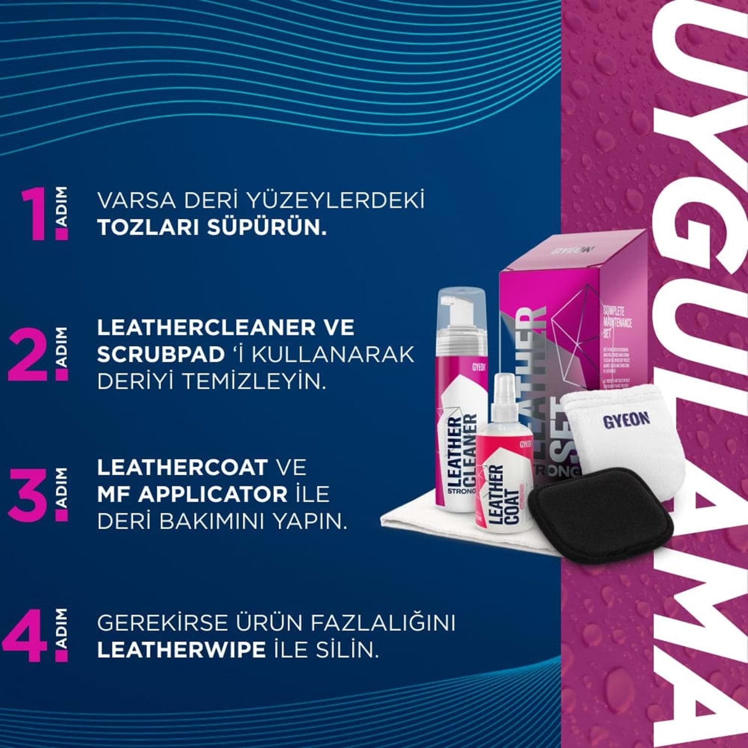 GYEON Q²M LeatherSet Strong 5 Parça oto deri bakım kiti deri temizleyici deri koruyucu uygulama yönergeleri