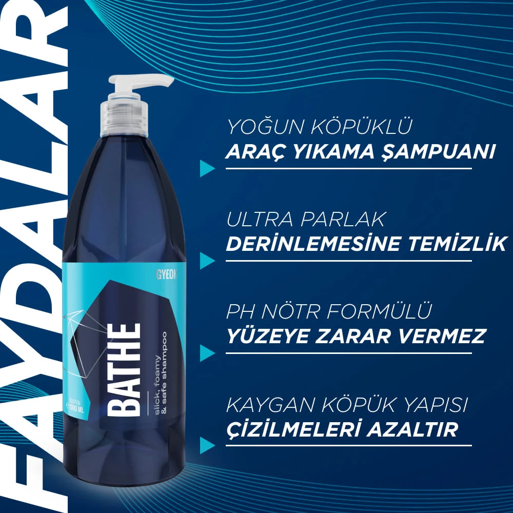 GYEON Q²M Bathe PH Nötr Cilalı Oto Şampuanı 1000 ML Yüksek Konsantre Jel Araç Yıkama Köpüğü