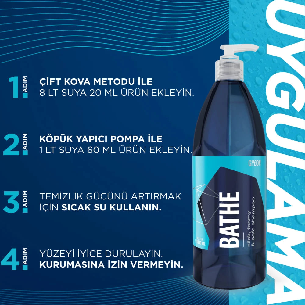 GYEON Q²M Bathe PH Nötr Cilalı Oto Şampuanı 1000 ML Yüksek Konsantre Jel Araç Yıkama Köpüğü