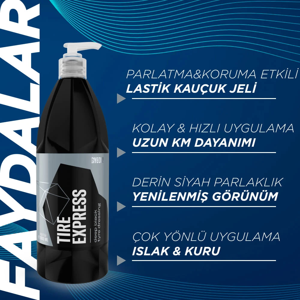GYEON Q²M Tire Express Lastik Parlatıcı ve Koruyucu 1000 ML Su Bazlı Jel Oto Lastik Cilası