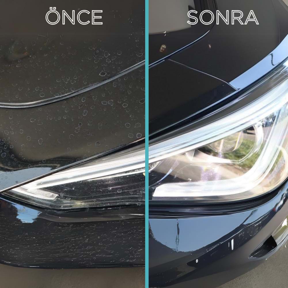 GYEON Q²M WaterSpot Kireç Çözücü Cam Su Lekesi Temizleyici Çıkarıcı - 1000 ml otomobil kaporta kısmında uygulama öncesi ve sonrası görseli 