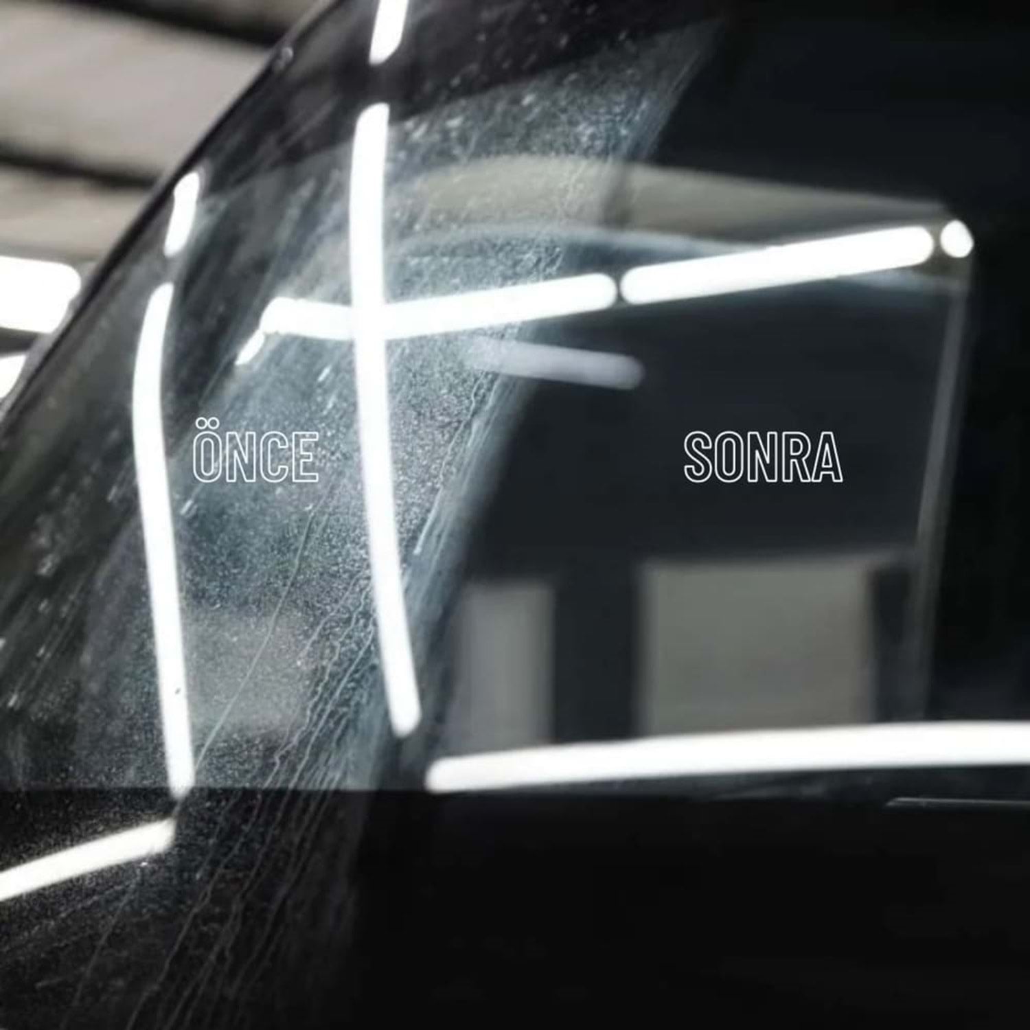 GYEON Q²M WaterSpot Kireç Çözücü Cam Su Lekesi Temizleyici Çıkarıcı - 1000 ml otomobil cam yüzeyinde uygulama öncesi ve sonrası fark