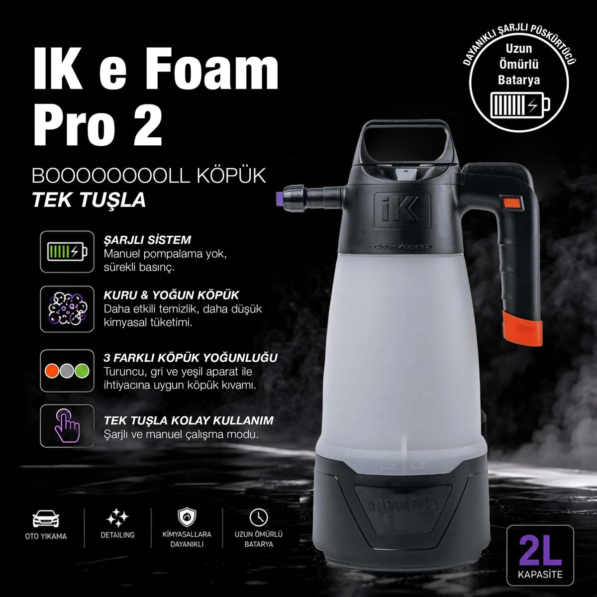 IK E Foam pro 2 akülü köpük yapıcı elektrikli pompa köpük makinesi görseli ürün hakkında bilgilendirici görsel