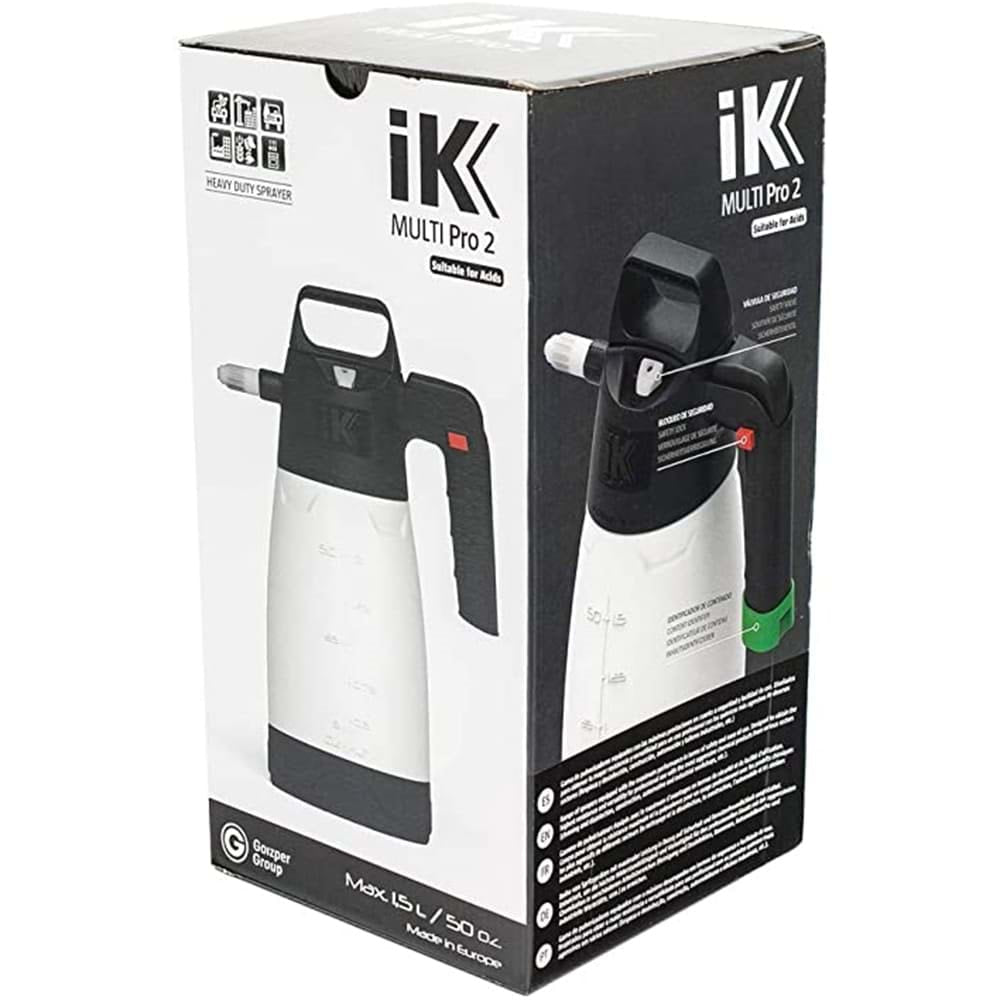 IK Multi Pro 2 orijinal ürün kutusu ve kimyasal dayanımlı basınçlı pompa görünümü