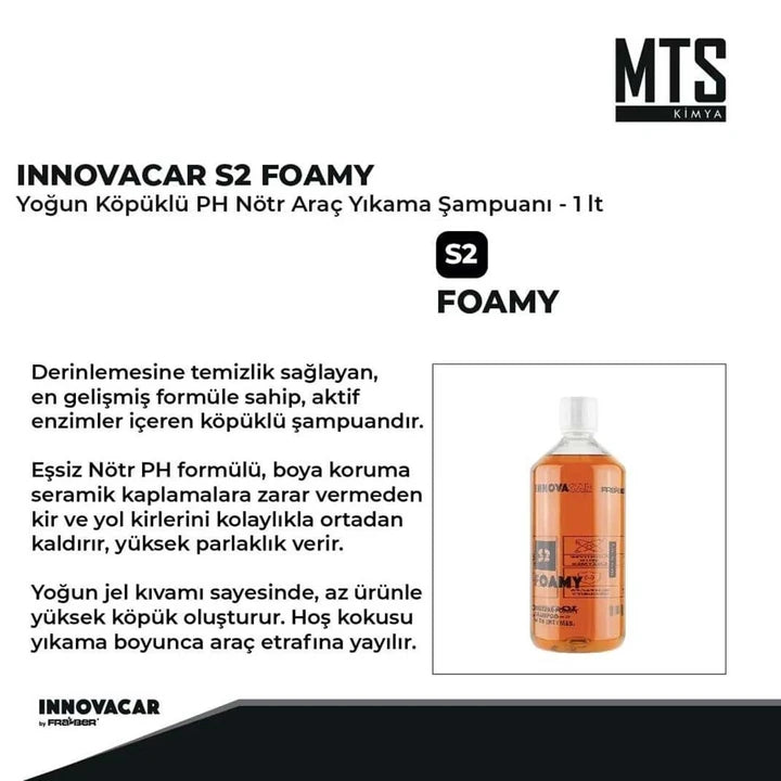 INNOVACAR S2 FOAMY Enzimli PH Nötr Köpüklü Araç Yıkama Şampuanı Konsantre 1 LT