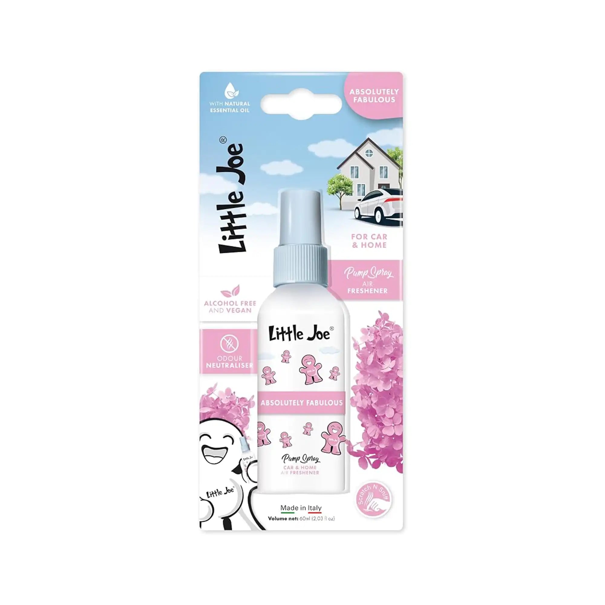 Little Joe Pump Spray 60 ml Absolutely Fabulous, çiçeksi, yumuşak ve hafif tatlı araç ve ev parfümü ambalajı