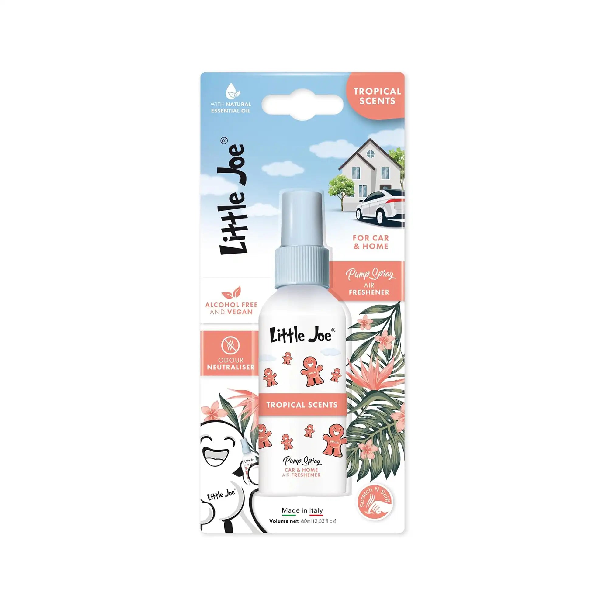 Little Joe Pump Spray 60 ml Tropical Scents, tropikal, meyvemsi ve canlı araç ve ev parfümü ambalajı