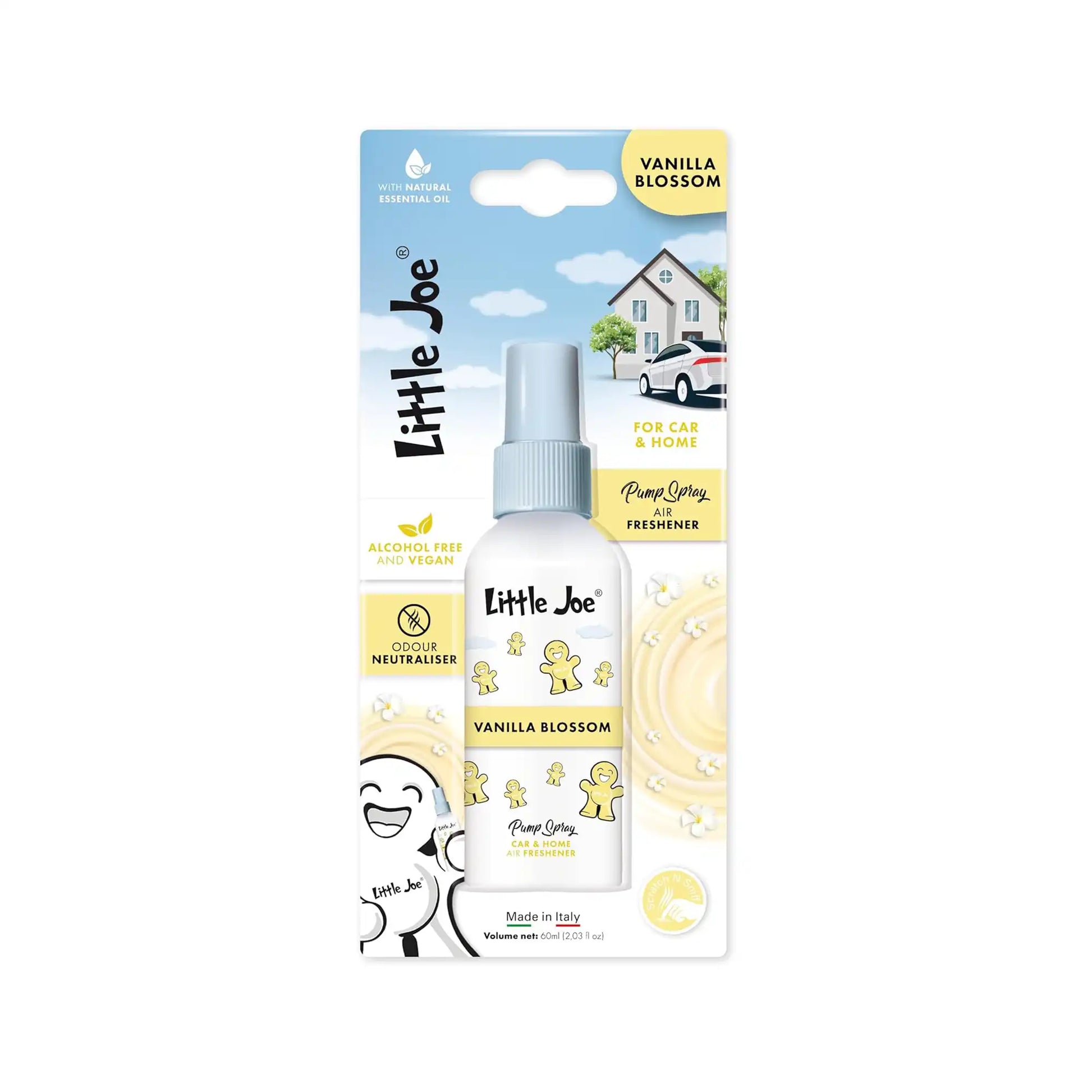 Little Joe Pump Spray 60 ml Vanilla Blossom, tatlı, sıcak, kremsi ve çiçeksi vanilya kokulu araç ve ev parfümü ambalajı