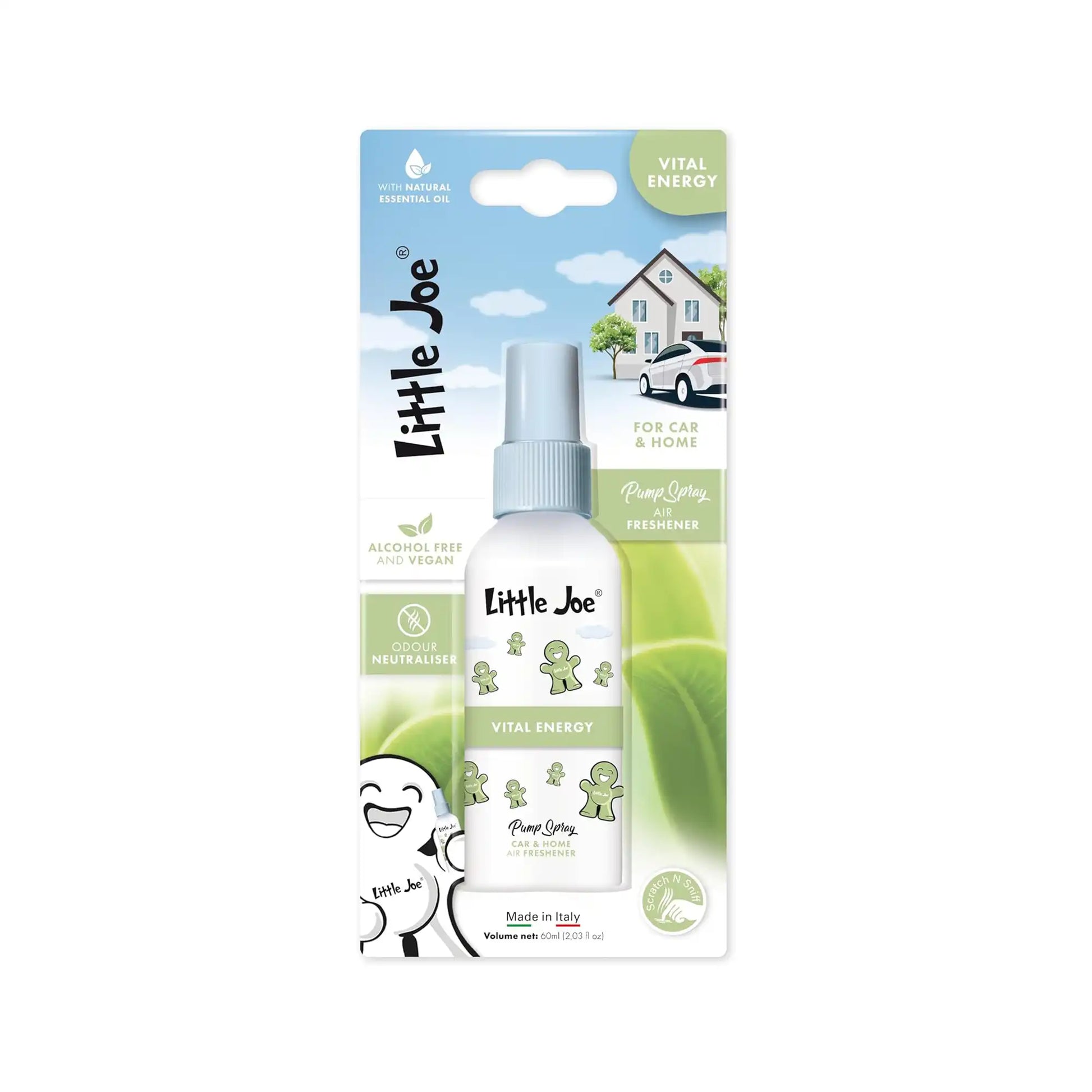 Little Joe Pump Spray 60 ml Vital Energy, ferah, canlı ve enerjik araç ve ev parfümü ambalajı
