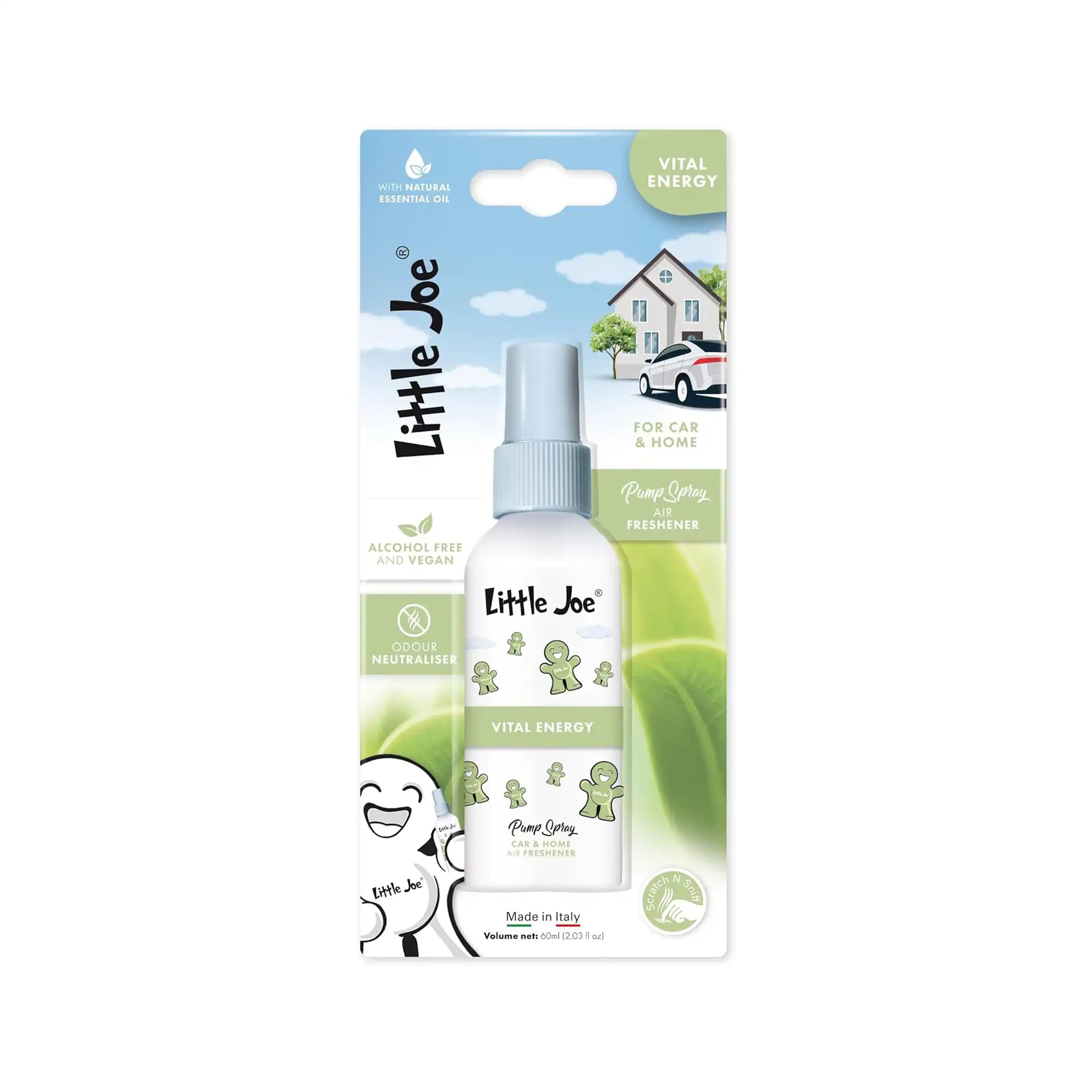 Little Joe Pump Spray 60 ml Vital Energy, ferah, canlı ve enerjik araç ve ev parfümü ambalajı