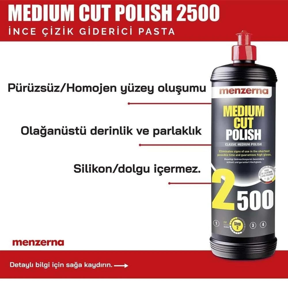 MENZERNA 2500 Medium Cut Polish İnce Çizik Giderici Pasta 1000 ML / 250 ML