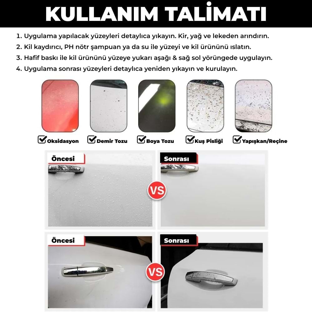 MG PS Kil Pedi kullanım talimatları, demir tozu ve reçine temizliği öncesi-sonrası sonuçları ile boya yüzey dekontaminasyon rehberi.