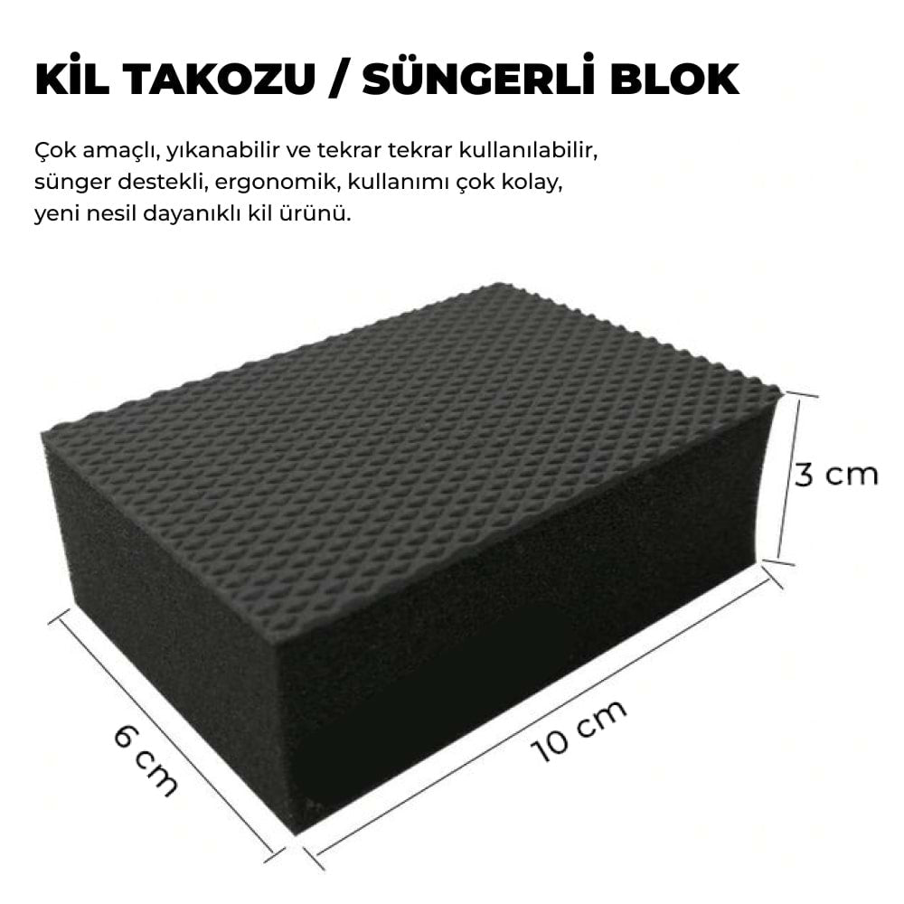 MG PS Süngerli Kil Bloğu 10x6x3 cm ölçülerinde ergonomik tasarıma sahip oto kil pedi ve boya yüzey temizleme ekipmanı.