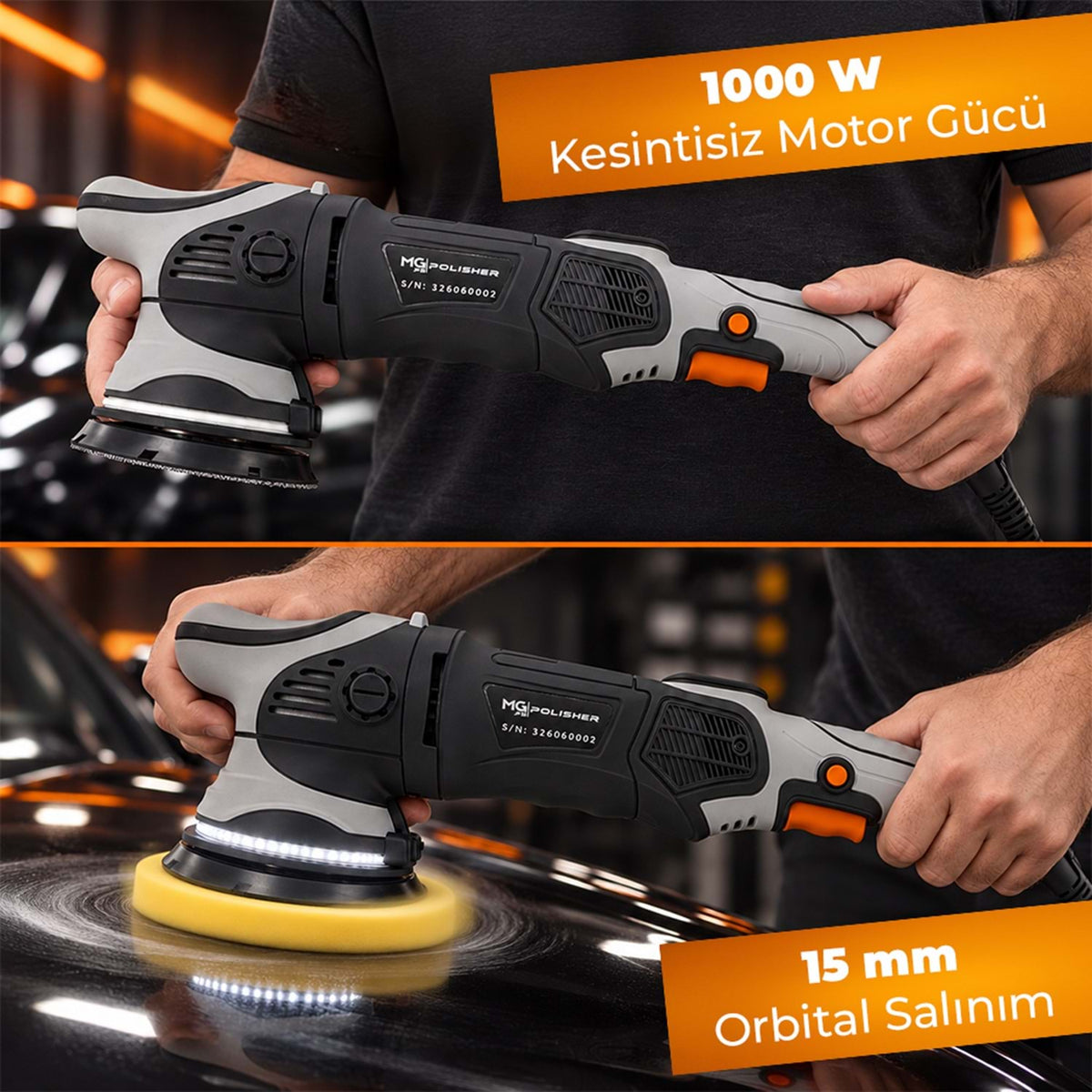 MG PS MG-OPV001 1000W orbital pasta cila makinesi ve 15 mm eksantrik salınım sistemiyle araç üzerinde uygulama