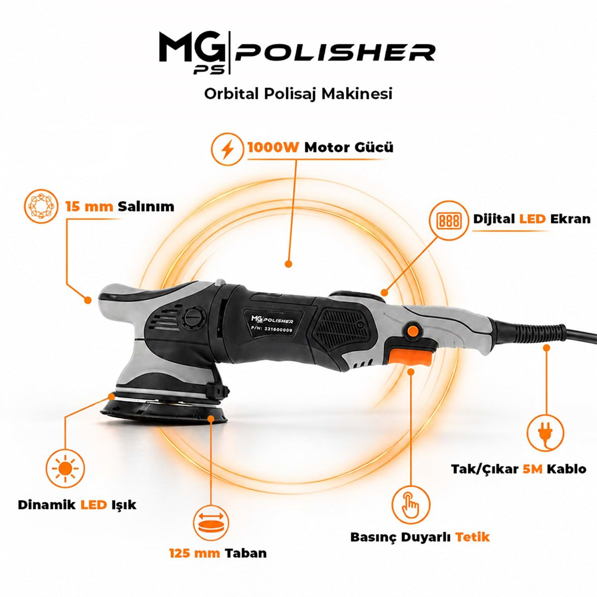 MG PS MG-OPV001 1000W orbital polisaj makinesi; 15 mm salınım, dijital LED ekran, 125 mm taban ve 5 m kablo
