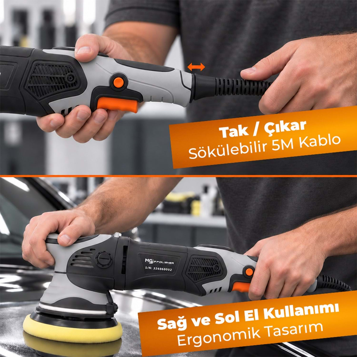 MG PS MG-OPV001 orbital pasta cila makinesi; 5 metre sökülebilir kablo ve sağ-sol el uyumlu ergonomik tasarım