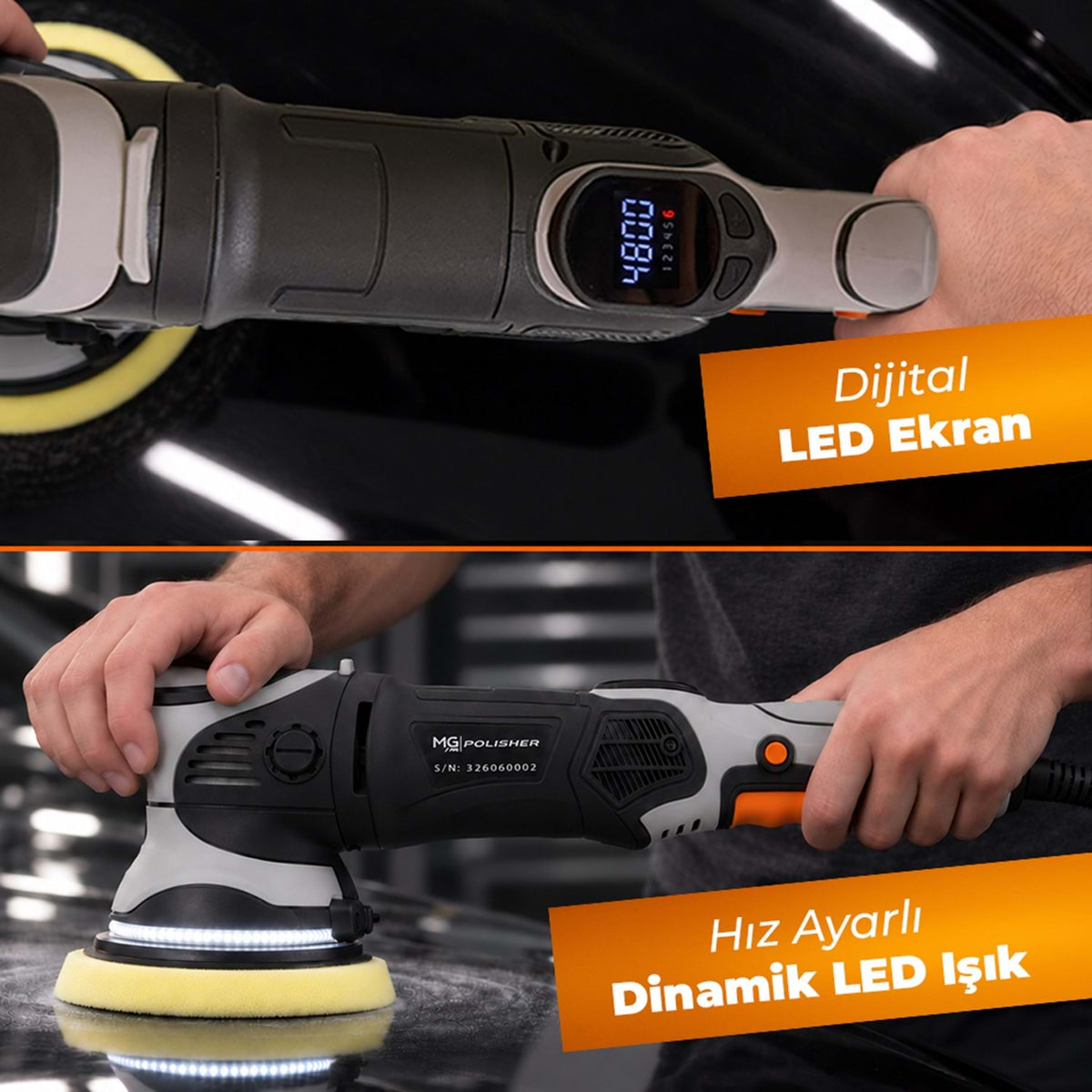 MG PS MG-OPV001 dijital LED ekranlı orbital polisaj makinesi ve hız ayarlı dinamik LED ışık sistemi