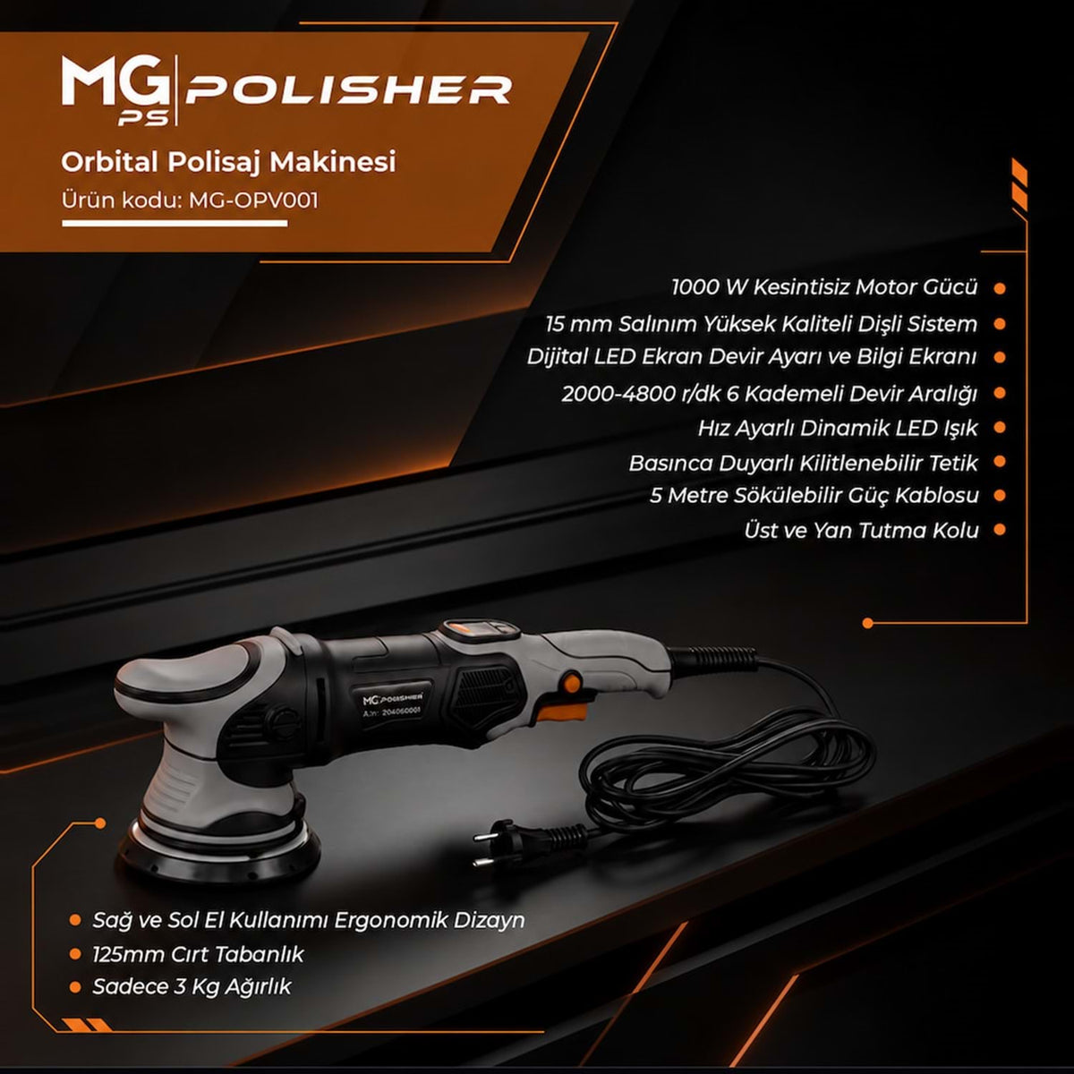 MG PS MG-OPV001 1000W profesyonel orbital polisaj makinesi; 15 mm salınım, 125 mm taban ve 2000-4800 dev/dk
