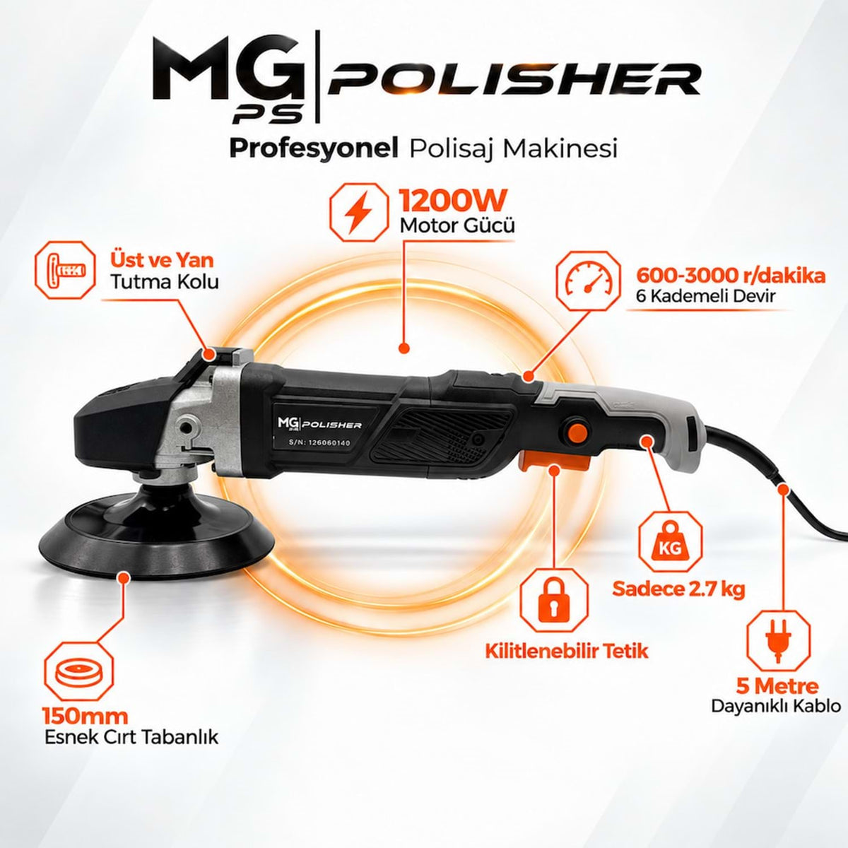 MG PS MG-RPV001 1200W rotary polisaj makinesi; 600-3000 dev/dk, 150 mm taban, kilitlenebilir tetik ve 5 m kablo