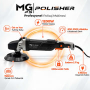 MG PS MG-RPV001 1200W rotary polisaj makinesi; 600-3000 dev/dk, 150 mm taban, kilitlenebilir tetik ve 5 m kablo