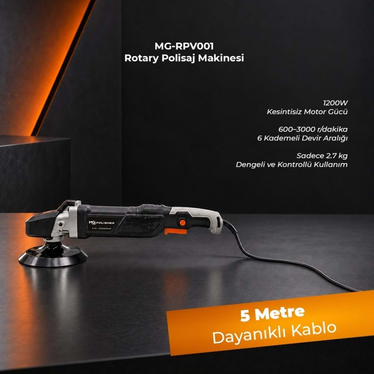 MG PS MG-RPV001 1200W rotary polisaj makinesi; 600-3000 dev/dk, 2,7 kg gövde ve 5 metre dayanıklı güç kablosu