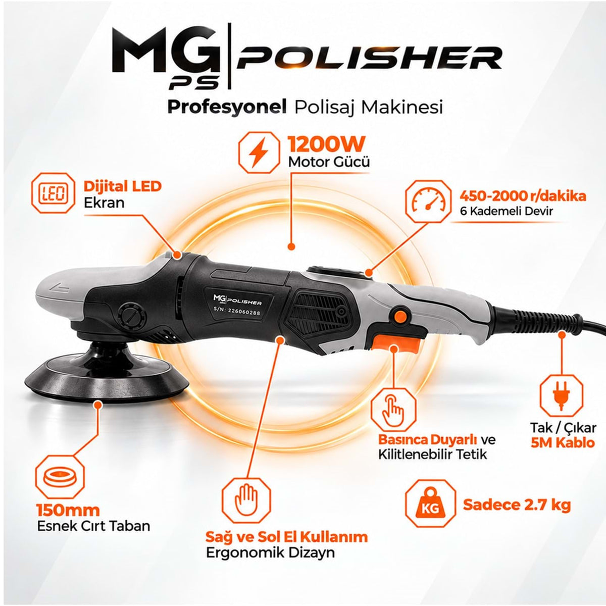 MG PS MG-RPV002 1200W rotary polisaj makinesi; dijital LED ekran, 450-2000 dev/dk, 150 mm taban ve 5 m kablo