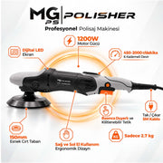 MG PS MG-RPV002 1200W rotary polisaj makinesi; dijital LED ekran, 450-2000 dev/dk, 150 mm taban ve 5 m kablo