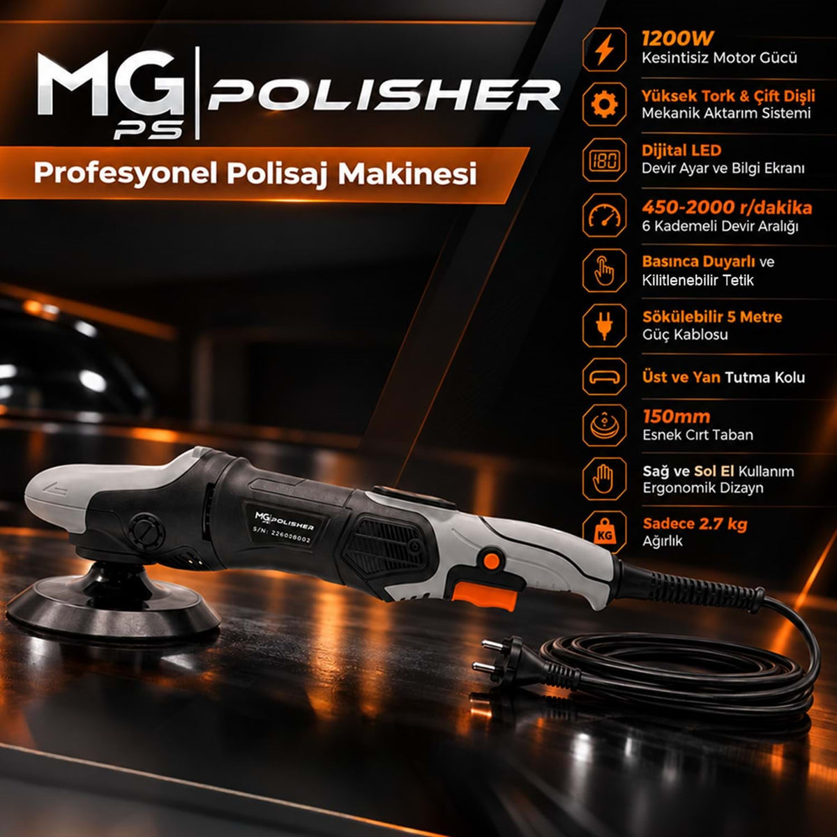 MG PS MG-RPV002 1200W profesyonel rotary polisaj makinesi; yüksek tork, 450-2000 dev/dk, dijital LED ekran ve 150 mm taban