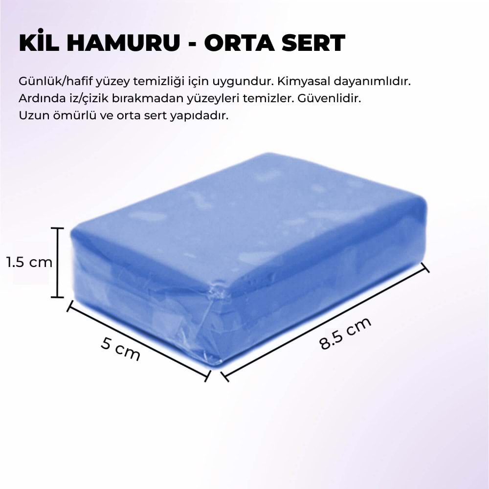 MG PS Orta Sert Kil Hamuru 100 gr ölçüleri 8.5 cm x 5 cm x 1.5 cm olan profesyonel araç yüzey temizleme clay bar ürünü.