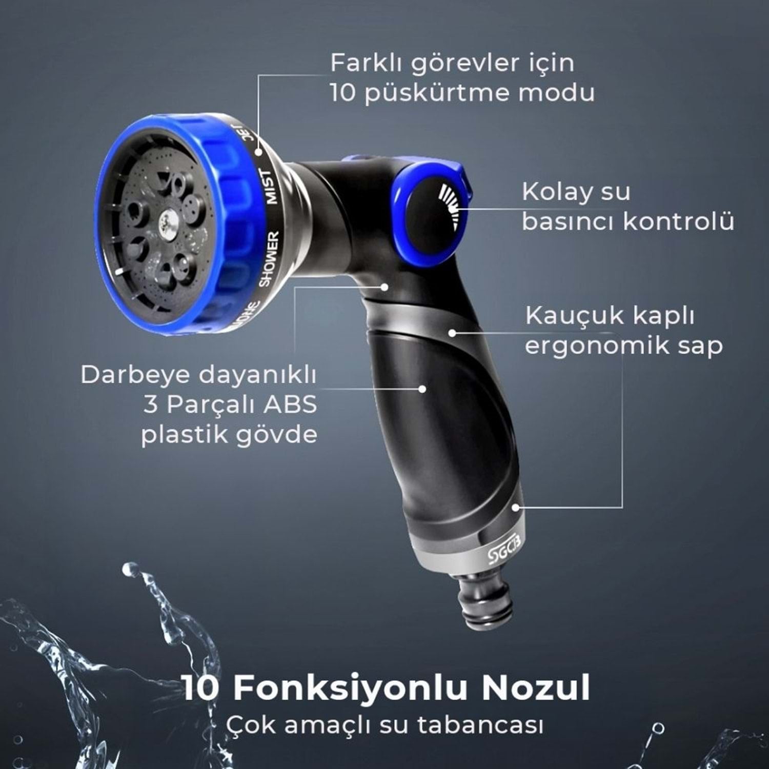 SGCB 10 fonksiyonlu su püskürtme tabancası ayarlanabilir su basıncı kontrolü ve ergonomik kauçuk sap tasarımı