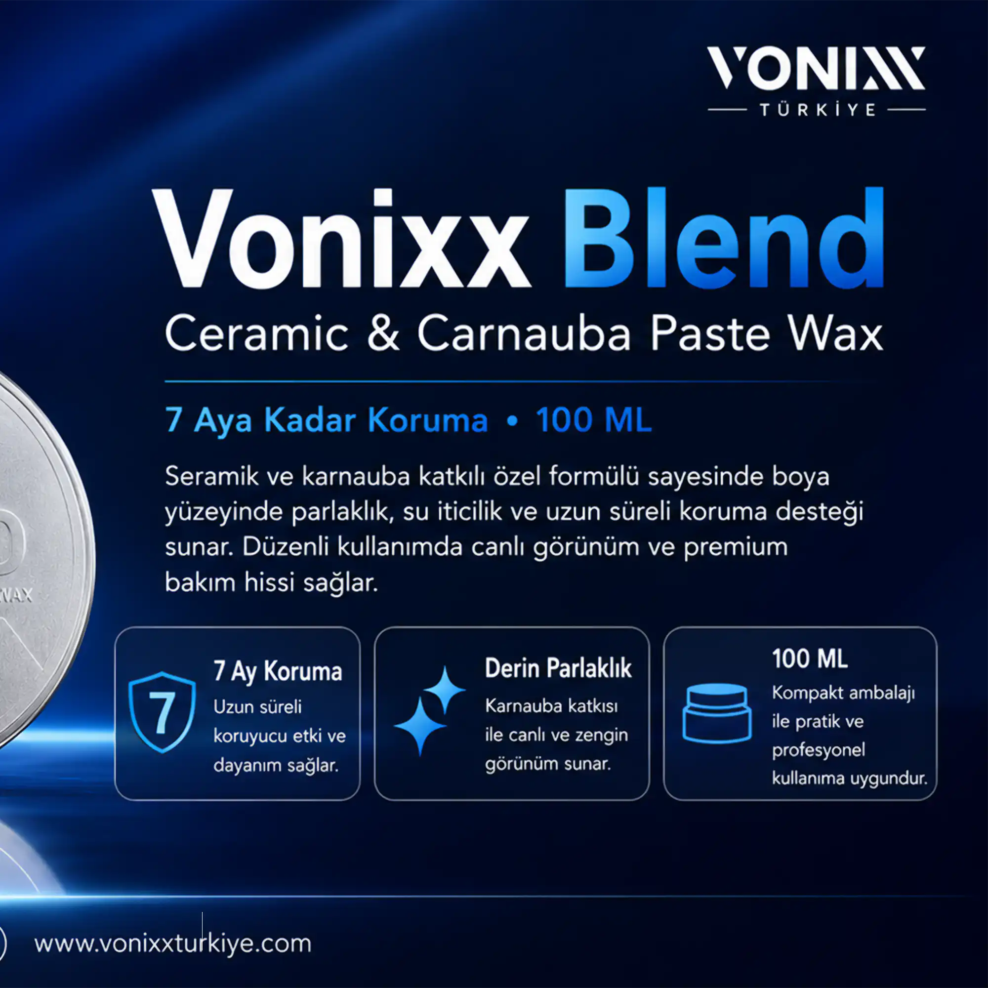 Vonixx Blend Ceramic & Carnauba Paste Wax 7 Ay Koruma 100 ML otomobil seramik wax ürün detayları 
